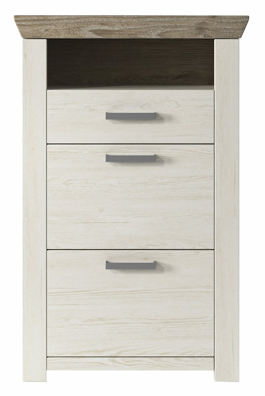 Frontansicht eines modernen Schuhschranks mit drei Schubladen in heller Holzoptik und dunkler Ablagefläche.