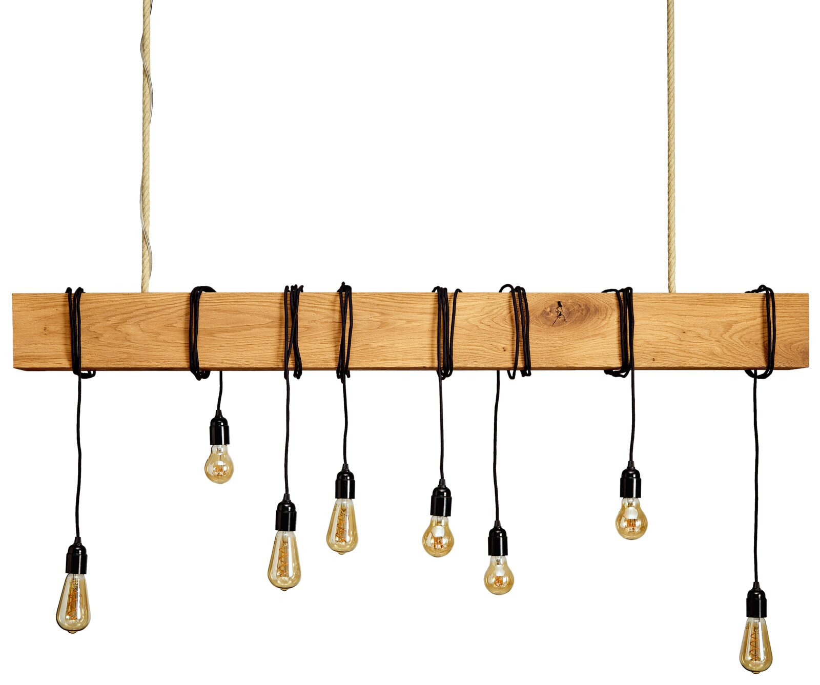 Valnatura Balklamp LIVINO Houten balkenlamp met meerdere hangende gloeilampen, gezien van voren