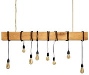 Houten balkenlamp met meerdere hangende gloeilampen, gezien van voren