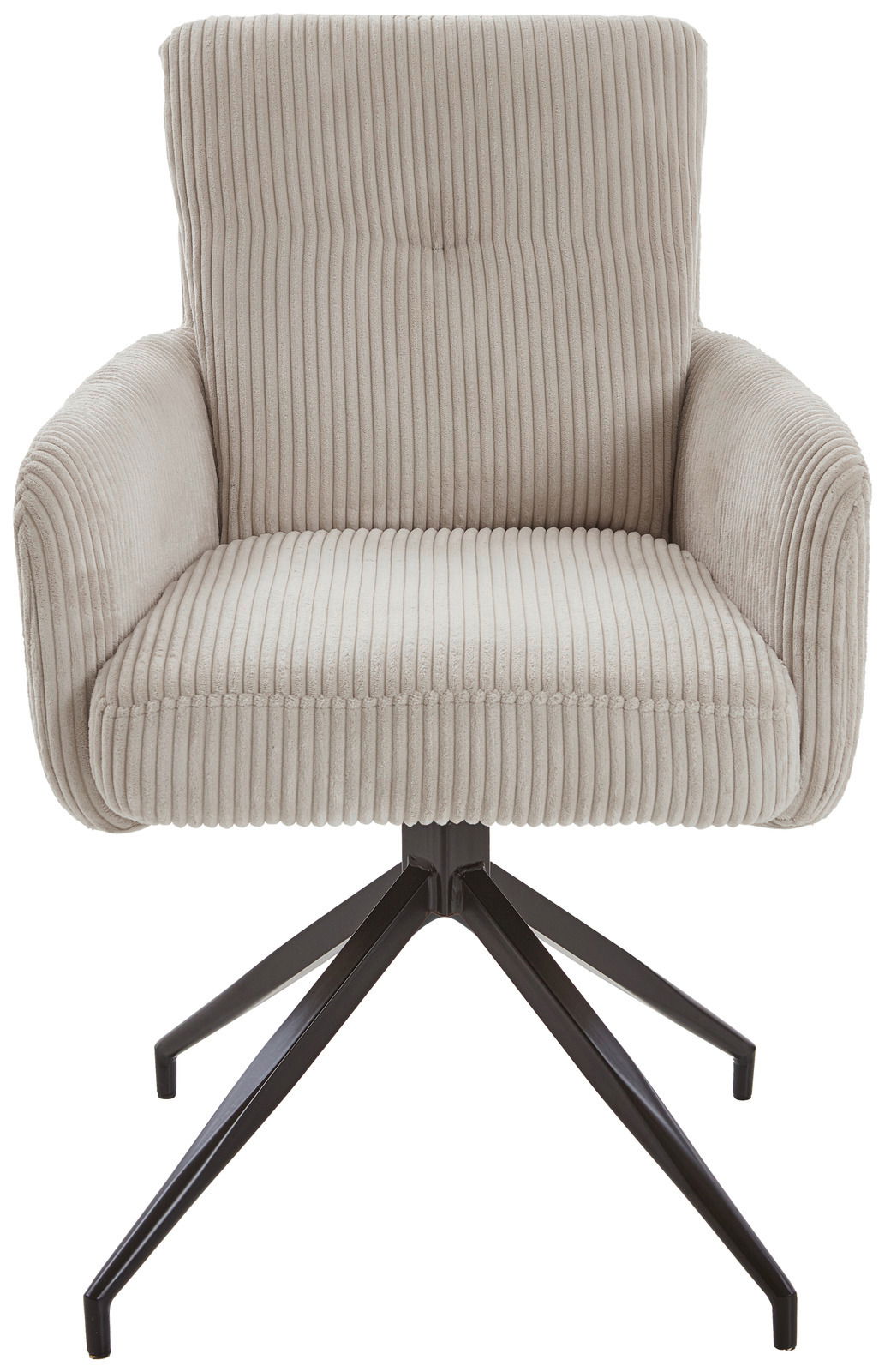 Frontansicht eines beigen Armlehnstuhls mit geripptem Stoffbezug und schwarzem Metallgestell.
