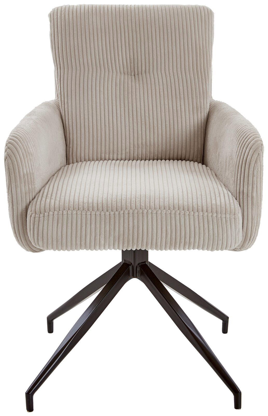 Frontansicht eines beigen Armlehnstuhls mit geripptem Stoffbezug und schwarzem Metallgestell.