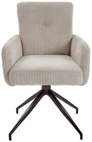 Vooraanzicht van een beige fauteuil met geribbelde stoffen bekleding en een zwart metalen frame.