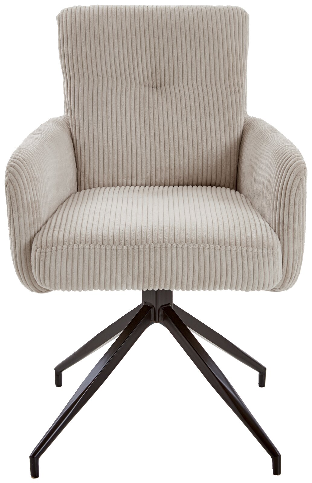 Vooraanzicht van een beige fauteuil met geribbelde stoffen bekleding en een zwart metalen frame.