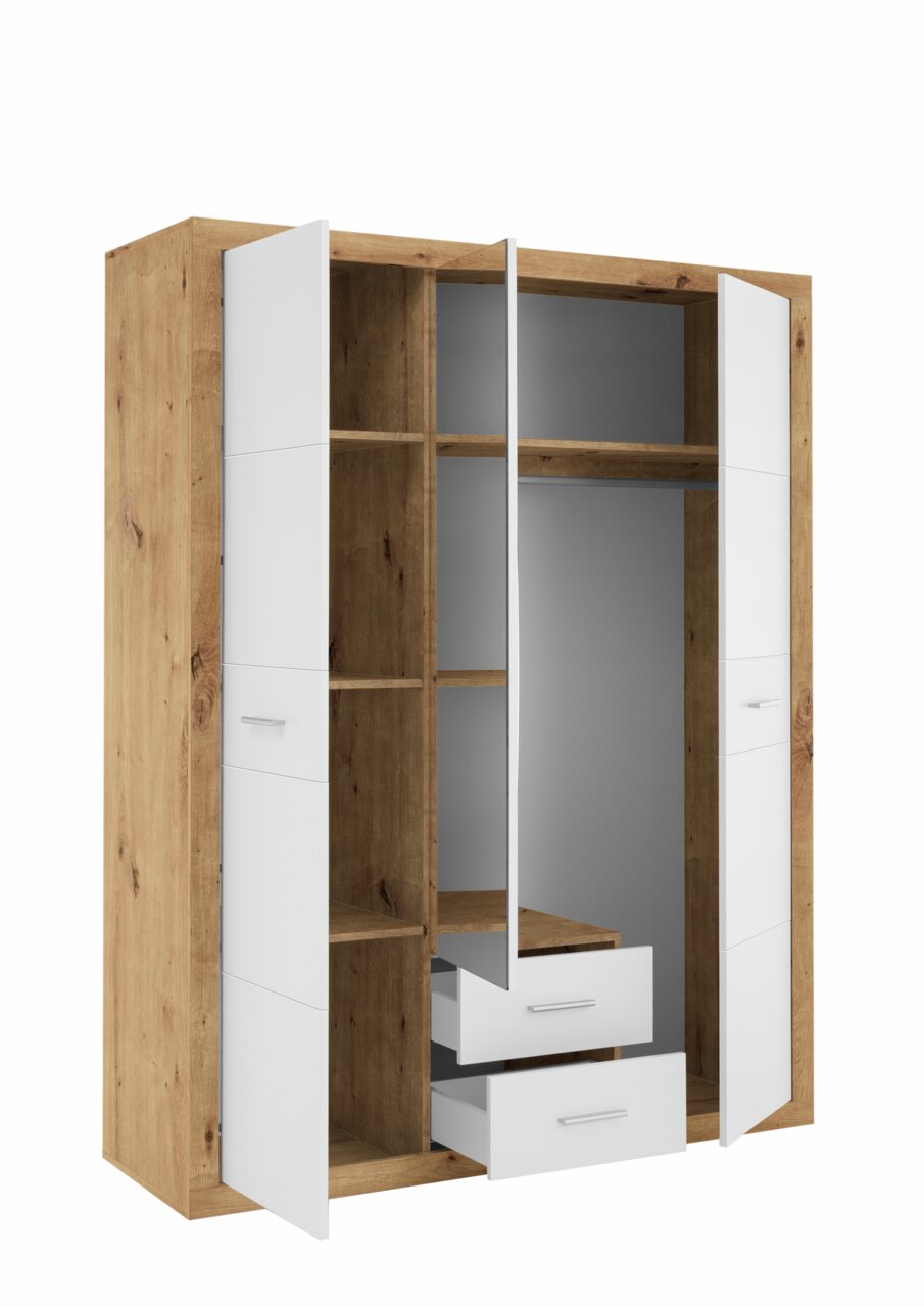 Drehtürenschrank 3-türig in Holzoptik mit weißen Türen, teilweise geöffnet, zeigt Regale und Schubladen, Perspektive von vorne links