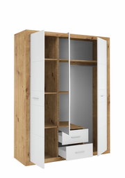 Drehtürenschrank 3-türig in Holzoptik mit weißen Türen, teilweise geöffnet, zeigt Regale und Schubladen, Perspektive von vorne links