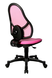 Pinkfarbener Drehstuhl mit Netzrückenlehne, seitliche Perspektive