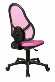 Pinkfarbener Drehstuhl mit Netzrückenlehne, seitliche Perspektive