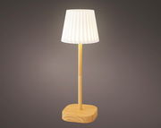 Tischlampe aus Plastik mit Holzfuß, frontal betrachtet, mit eingeschaltetem Licht.