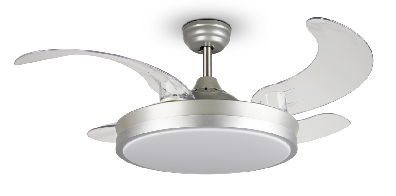 Moderner Deckenventilator Thunderstorm mit transparenten Flügeln, von unten betrachtet.