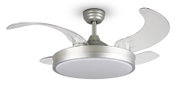 Moderner Deckenventilator Thunderstorm mit transparenten Flügeln, von unten betrachtet.