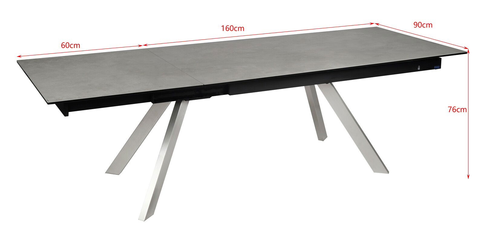 Moderner Esstisch mit grauer Tischplatte und schrägen Metallbeinen, seitliche Perspektive