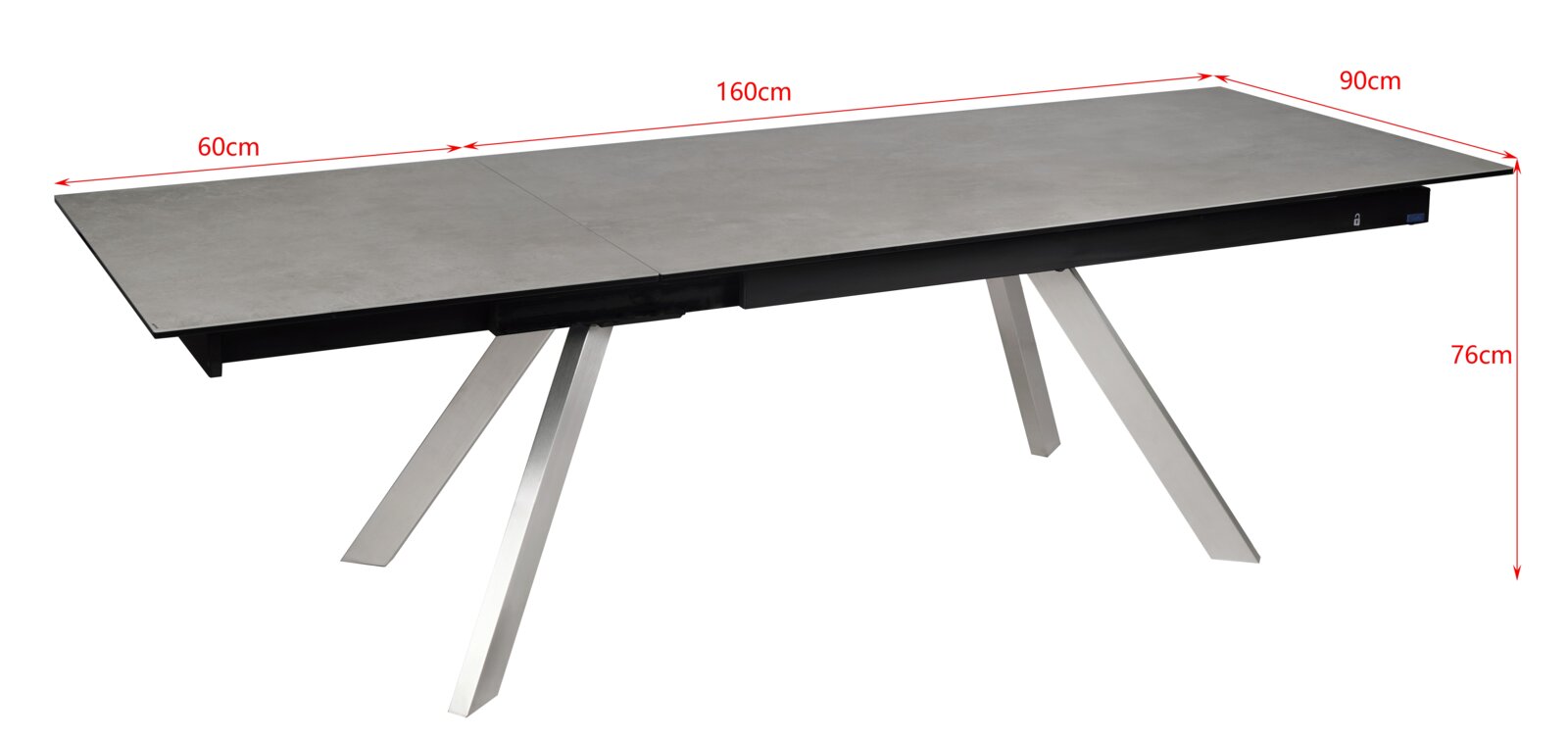 Moderne eettafel met grijs tafelblad en schuine metalen poten, zijaanzicht