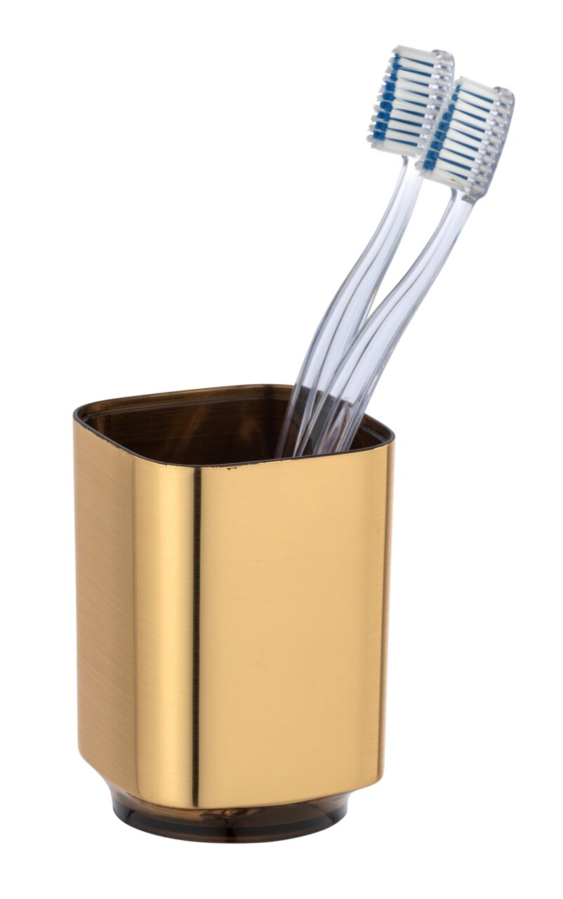 Goldener Zahnputzbecher Auron mit zwei transparenten Zahnbürsten, seitliche Perspektive