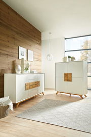 Modernes Highboard und Sideboard in einem hellen Raum mit Holzwand und großen Fenstern, seitliche Perspektive.