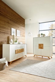 Een modern hoogkast en dressoir in een lichte ruimte met een houten wand en grote ramen, gezien vanuit de zijkant.