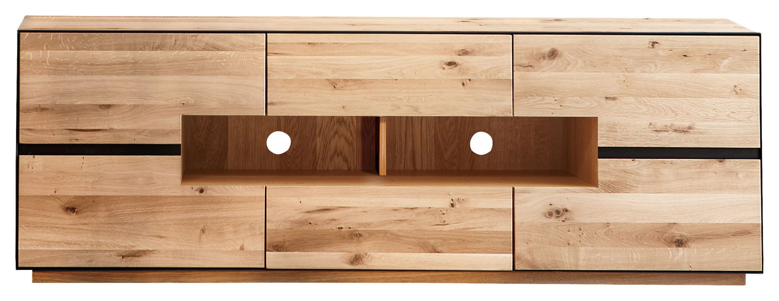 TV-Element aus hellem Holz mit mehreren Schubladen und offenen Fächern, frontale Ansicht