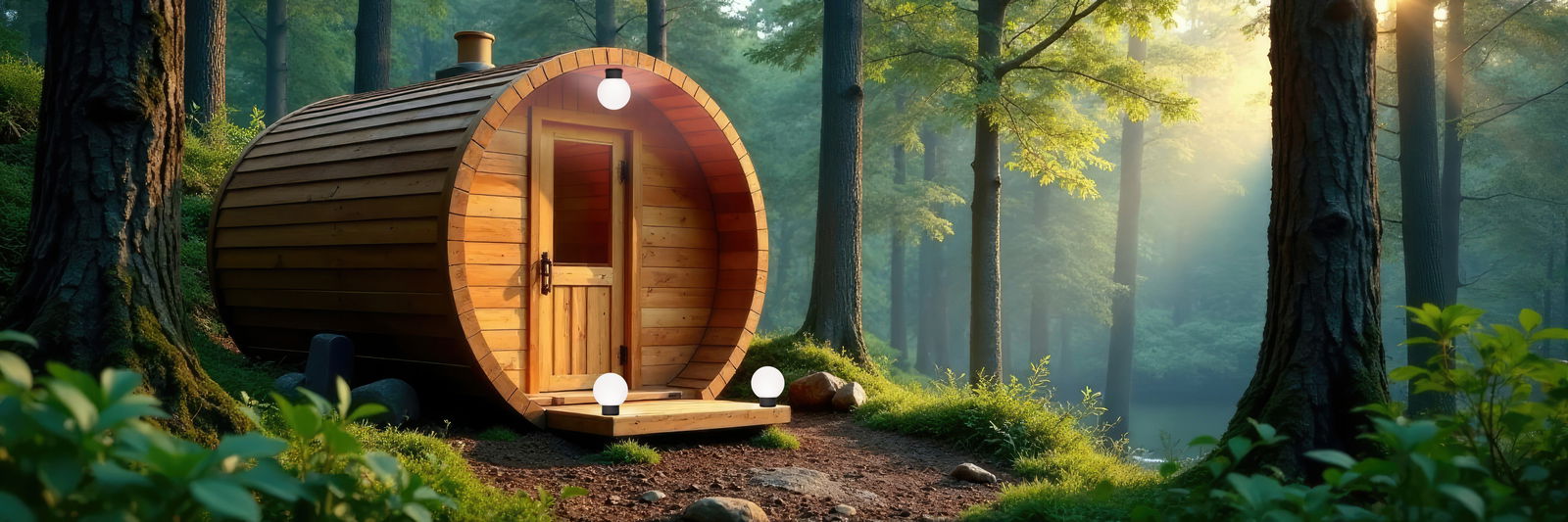 Holzfass-Sauna in einem Wald, mit drei runden Lampen, aus der Vorderansicht fotografiert.