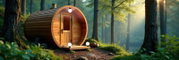 Holzfass-Sauna in einem Wald, mit drei runden Lampen, aus der Vorderansicht fotografiert.