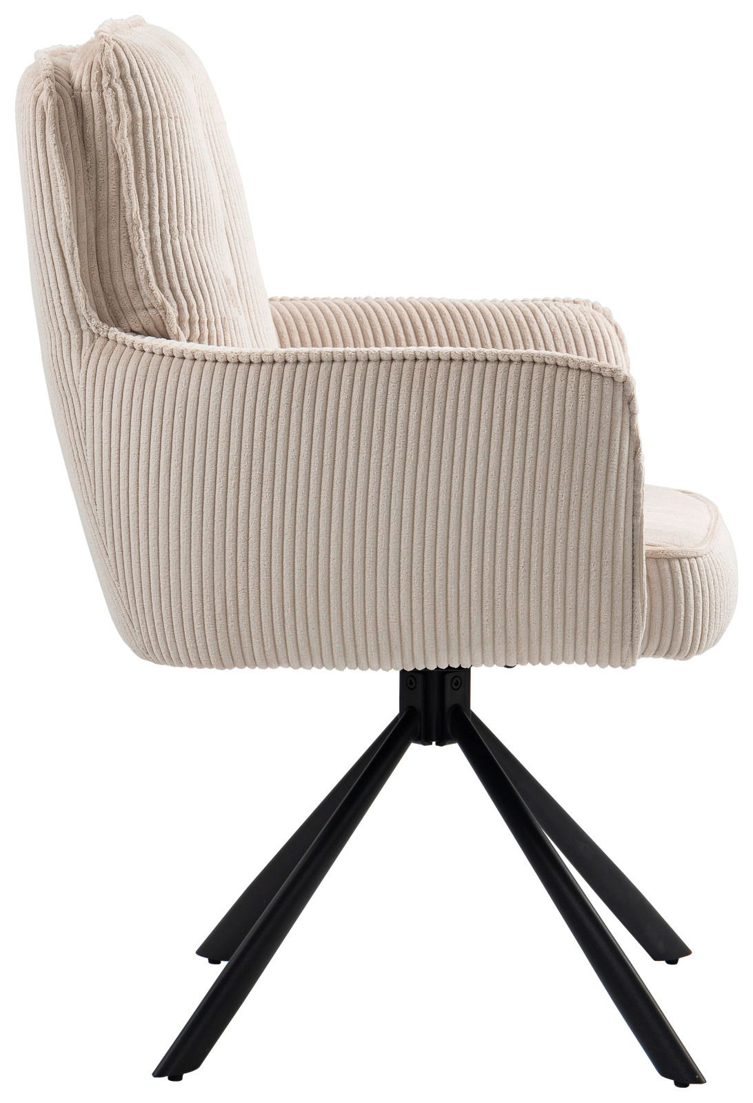 Seitenansicht eines beigen Sessels mit geripptem Stoffbezug und schwarzem Metallgestell.