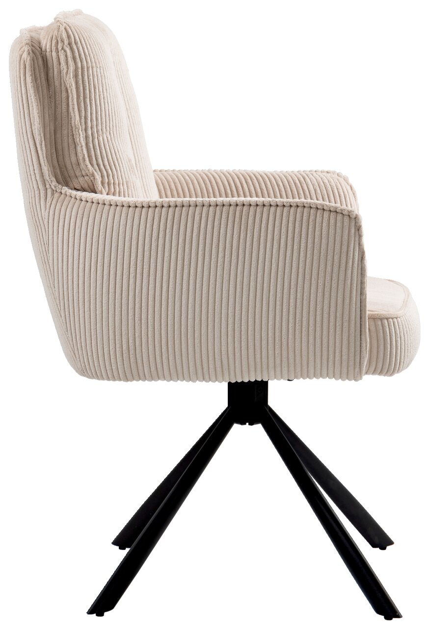 Landscape Sessel ASHER Seitenansicht eines beigen Sessels mit geripptem Stoffbezug und schwarzem Metallgestell.
