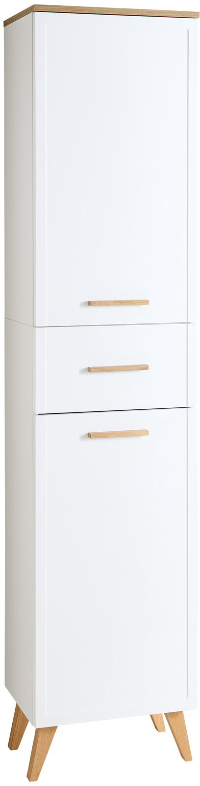 Weißer Hochschrank mit Holzgriffen und -füßen, frontal abgebildet.