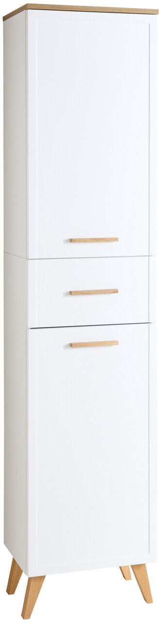 Weißer Hochschrank mit Holzgriffen und -füßen, frontal abgebildet.
