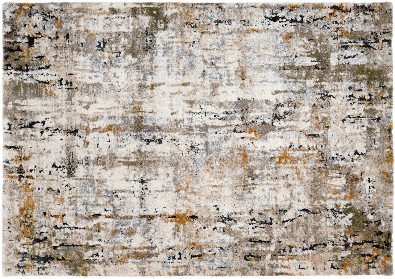 Designer Teppich mit abstraktem Muster in Grau-, Beige- und Ockertönen, Draufsicht