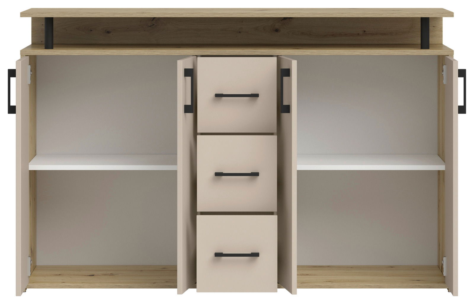 Frontansicht eines Sideboards mit offenen Türen und Schubladen, Holzoptik mit schwarzen Griffen.