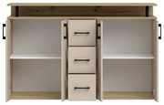 Frontansicht eines Sideboards mit offenen Türen und Schubladen, Holzoptik mit schwarzen Griffen.
