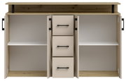 Frontansicht eines Sideboards mit offenen Türen und Schubladen, Holzoptik mit schwarzen Griffen.