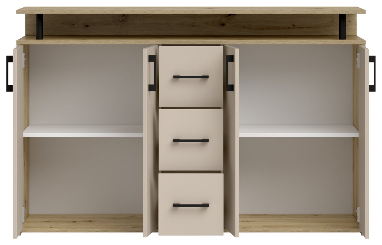 Frontansicht eines Sideboards mit offenen Türen und Schubladen, Holzoptik mit schwarzen Griffen.