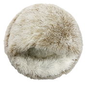 Rundes, flauschiges Haustierbett in Cremefarbe, von oben betrachtet.