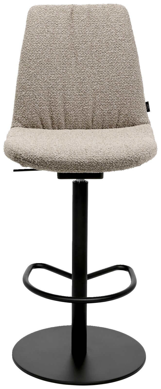 Moderne barkruk met gestoffeerde zitting en rugleuning in beige, zwart metalen frame en voetsteun, vooraanzicht