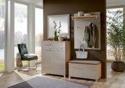 Moderne Garderobeneinrichtung mit Spiegel, Schuhschrank und Garderobenpaneel in einem hellen Raum mit Blick auf den Garten. Frontalansicht.