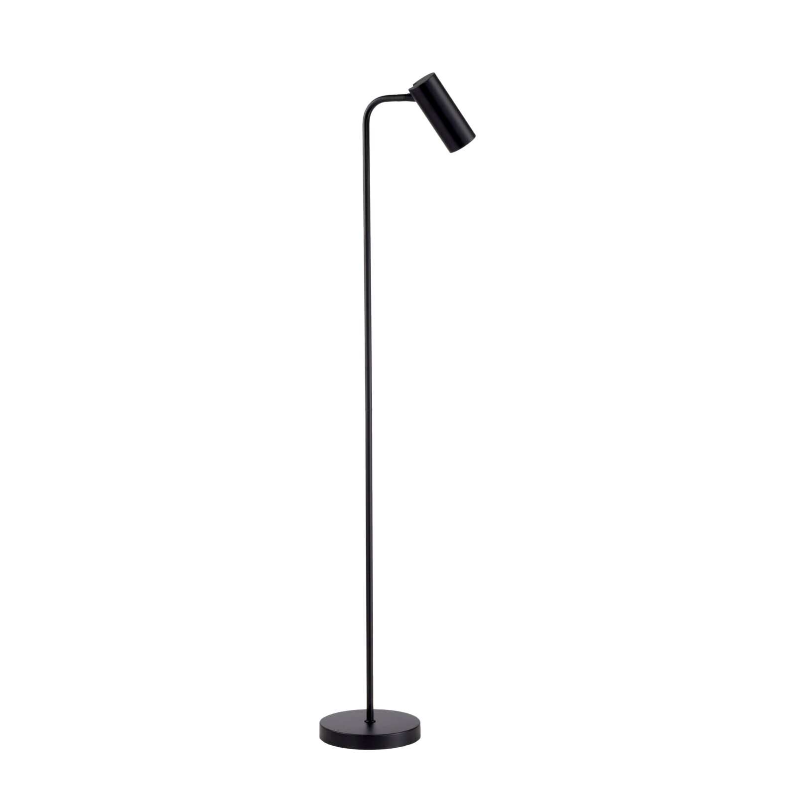 Schwarze, minimalistische Stehleuchte mit rundem Standfuß und zylindrischem Lampenkopf, freigestellt auf weißem Hintergrund, frontal in leichter Seitenansicht.