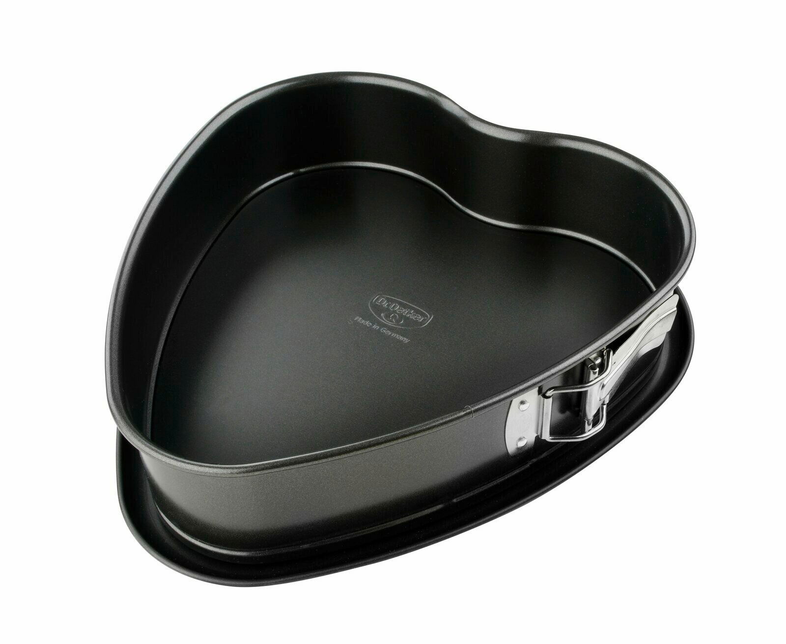 Herzförmige Springform aus schwarzem Metall, seitliche Perspektive