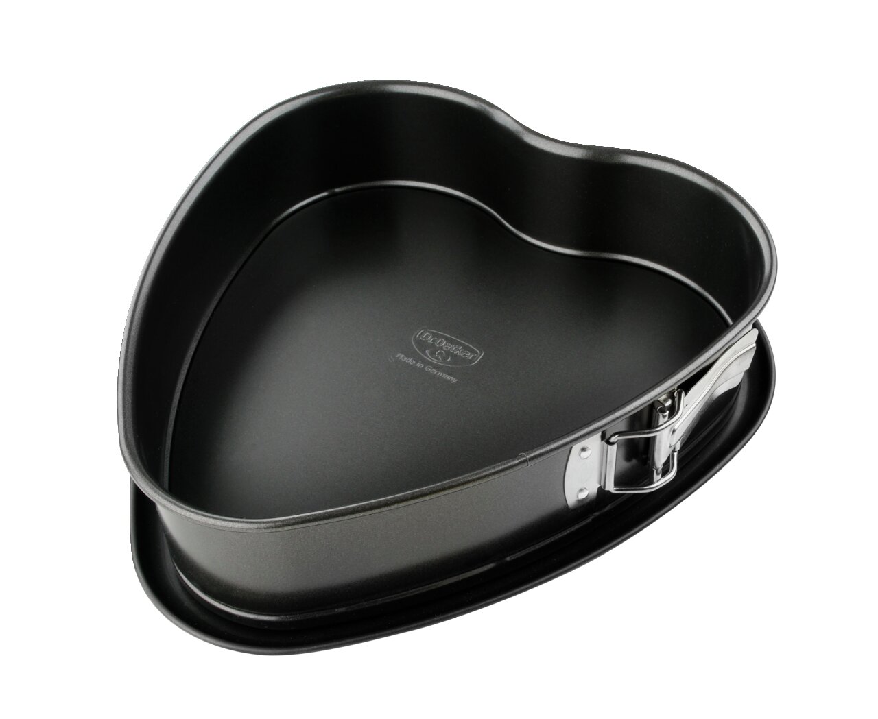 Herzförmige Springform aus schwarzem Metall, seitliche Perspektive