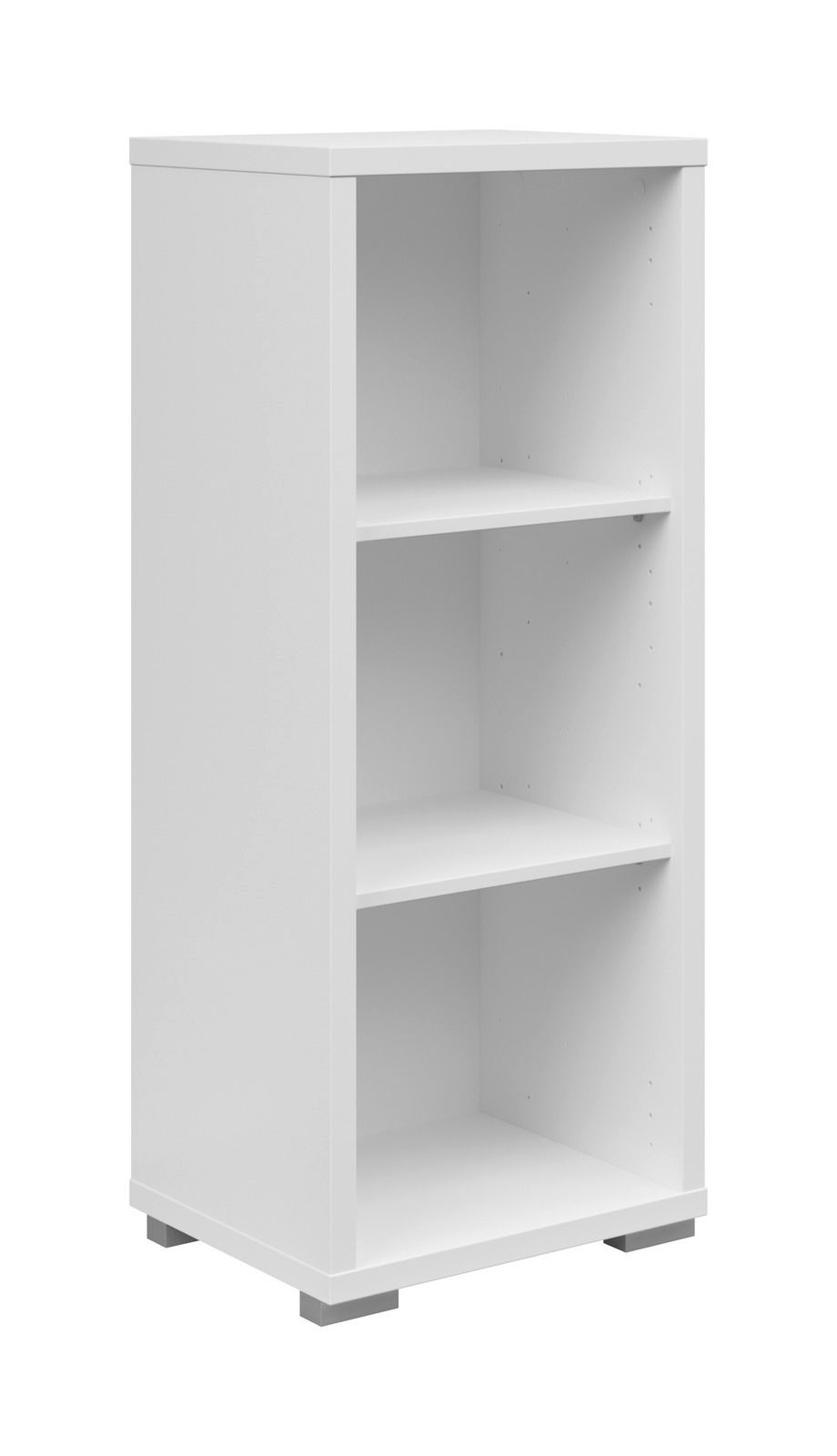 Weißes, schmales Aktenregal mit drei offenen Fächern, seitliche Perspektive