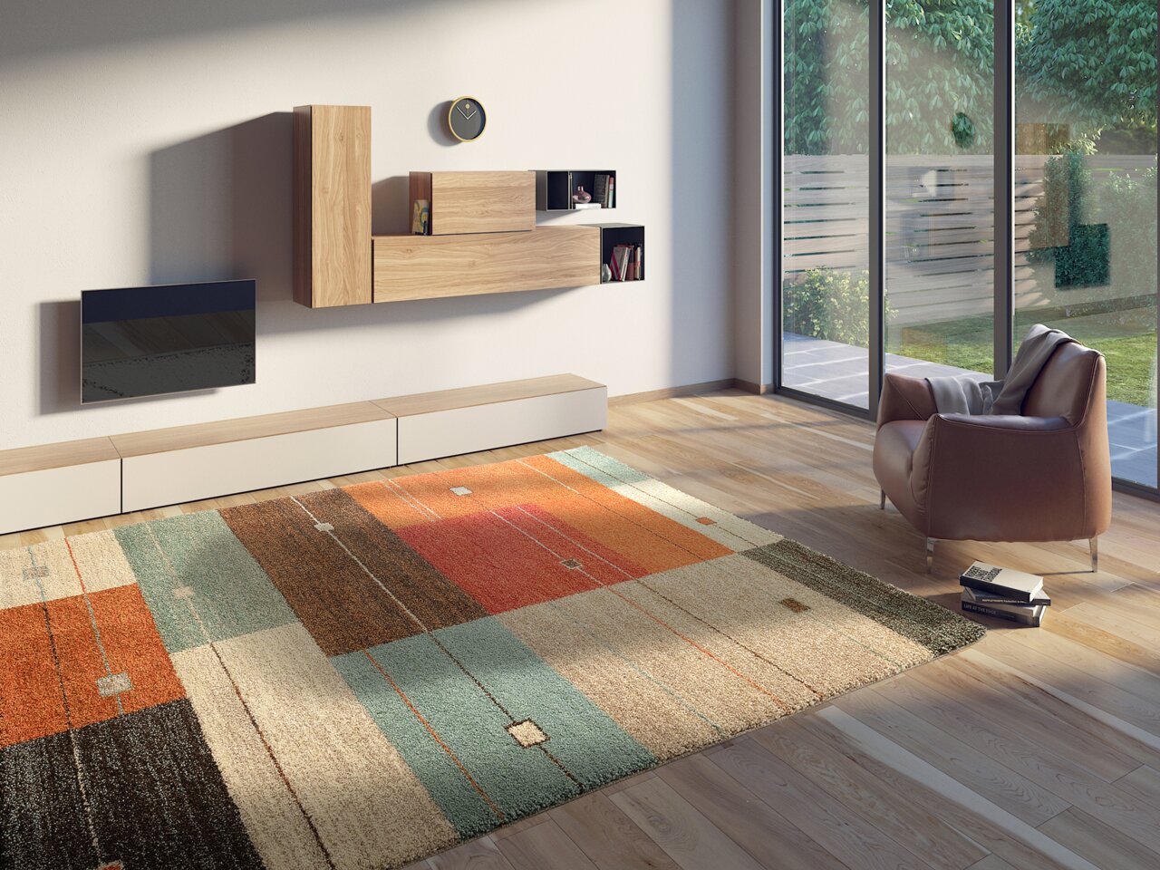 Moderner Frisé-Teppich in einem Wohnzimmer mit geometrischem Muster in warmen Farben, aus der Vogelperspektive betrachtet.