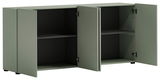 Grünes Sideboard mit zwei offenen Türen, seitliche Perspektive
