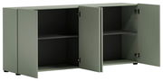 Grünes Sideboard mit zwei offenen Türen, seitliche Perspektive