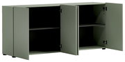 Grünes Sideboard mit zwei offenen Türen, seitliche Perspektive