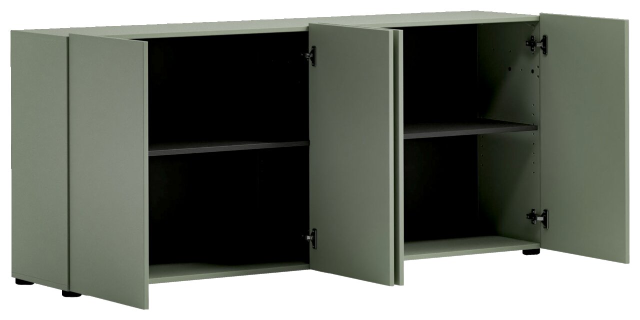 Grünes Sideboard mit zwei offenen Türen, seitliche Perspektive
