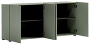 Grünes Sideboard mit zwei offenen Türen, seitliche Perspektive