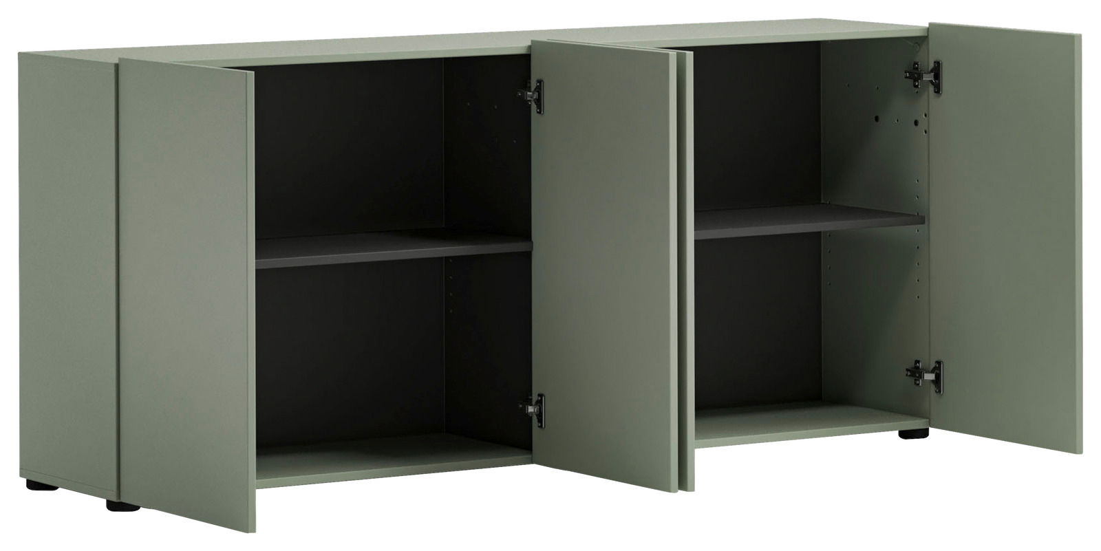 Grünes Sideboard mit zwei offenen Türen, seitliche Perspektive