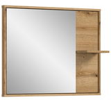 Moderner Wandspiegel mit Holzrahmen und integriertem Regal, Frontalansicht