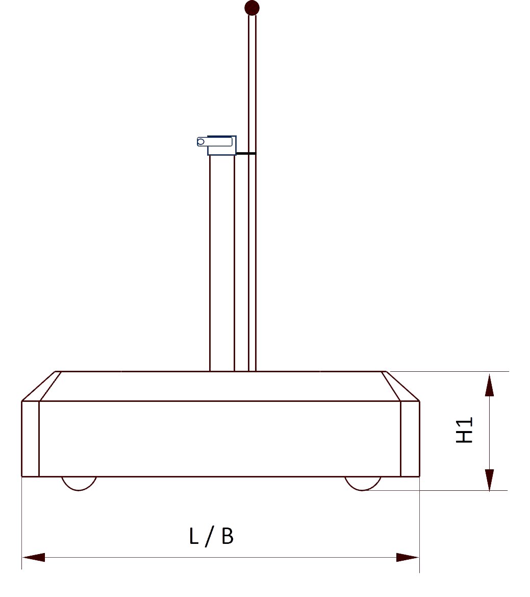 Liro Paraplubak ALU VARIO Technische tekening van een paraplubak in zijaanzicht met de afmetingen L/B en H1.