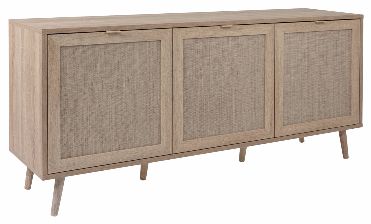 Holz-Sideboard mit drei Türen in natürlichem Holzton, seitliche Perspektive