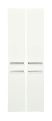 Moderner weißer Hochschrank mit vier Türen und silbernen Griffen, Frontalansicht
