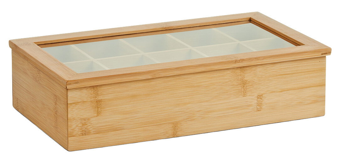Teebeutelbox aus Holz mit Glasdeckel, seitliche Perspektive